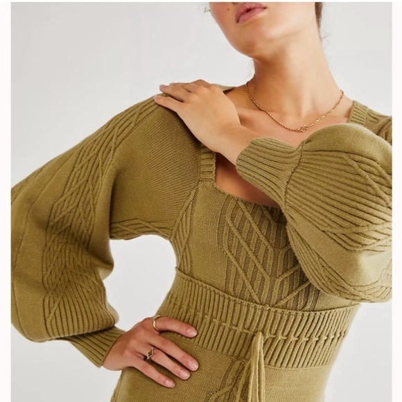 Free People Emmaline Mini Dress Knit Long Sleeve Boho green color size S - Picture 3 of 13